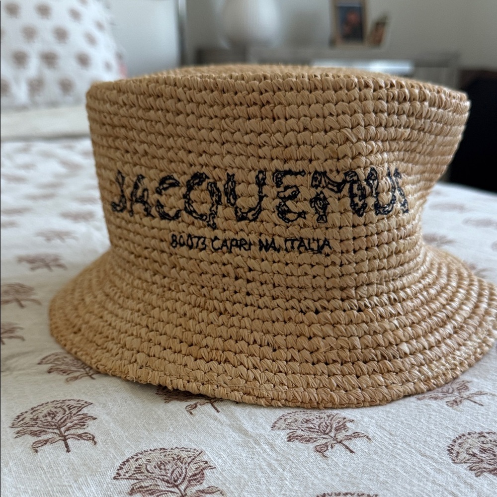 Jacquemus Beige Straw Hat with Black Embroidery